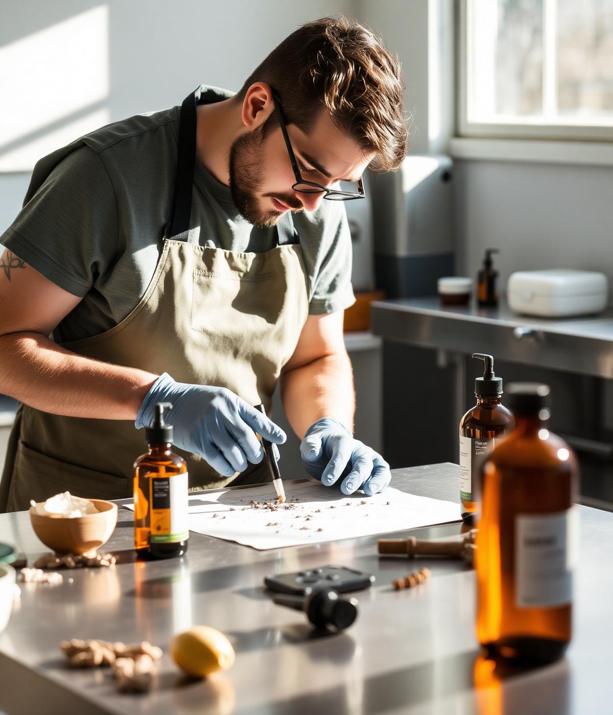 Formulator in an apron inspecting a wellness product on a stainless steel table